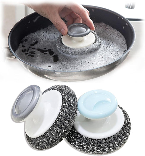 2Pcs Steel Wool Scrubber with Handle,Heavy-duty Stainless Steel Wool Scrubber for Pots, Pans, Grills, Ovens, Keep Your Hands Free from Cleaning Fl...
