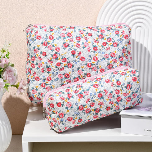 2 Pcs Quilted Makeup Bag Floral Cosmetic Bag Cotton Large Travel Coquette Toiletry Puffer Bag Aesthetic Cute Glossier Makeup Bag for Women Girls...