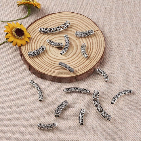 KISSITTY 30pcs/Box Antique Silver Filigree Long Curved Noodle Tube Spacer Beads 24~48mm for DIY Jewelry Making...
