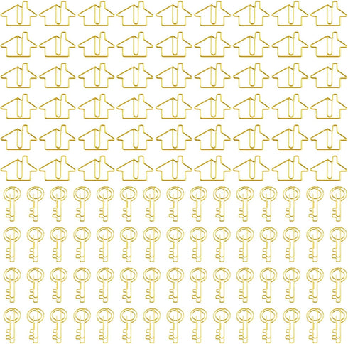 100 pcs Cute Paper Clips 50 pcs Gold Key Shaped Wire Paper Clips 50 pcs House Shaped Paper Clips Mini Paperclips for Office School Supplies Weddin...