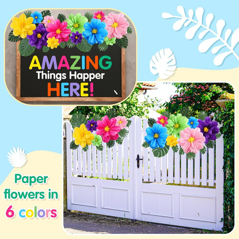 42 Pcs Tissue Paper Flowers Faux Palm Leaves Set 12 Pcs 20''/10'' Colorful Giant Paper Flowers and 30 Pcs Tropical Leaves for Summer Hawaiian Luau...