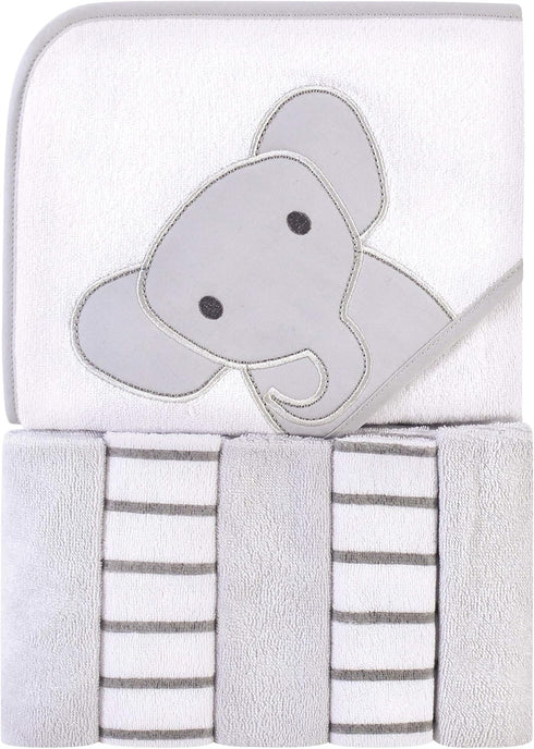 Hudson Baby Unisex Baby Hooded Towel and Five Washcloths, Modern Elephant, One Size...