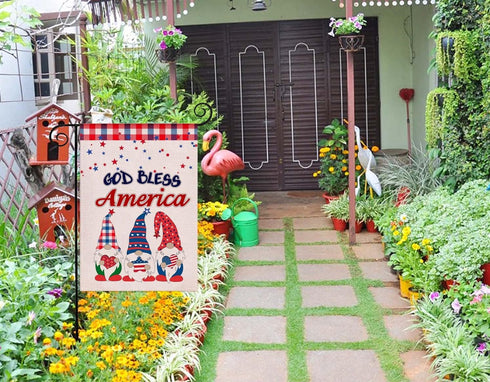 God Bless America Patriotic Garden Flag,4th of July Gnomes with US Star Garden Flag,Spring Summer Independence Day Double Sided Seasonal Burlap Ga...