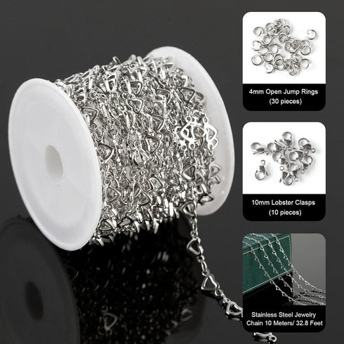 UMAOKANG 16.4 Feet Stainless Steel Jewelry Chain for Jewelry Making, Silver Heart Necklace Bracelet Chain Bulk Jewelry Supplies Findings...