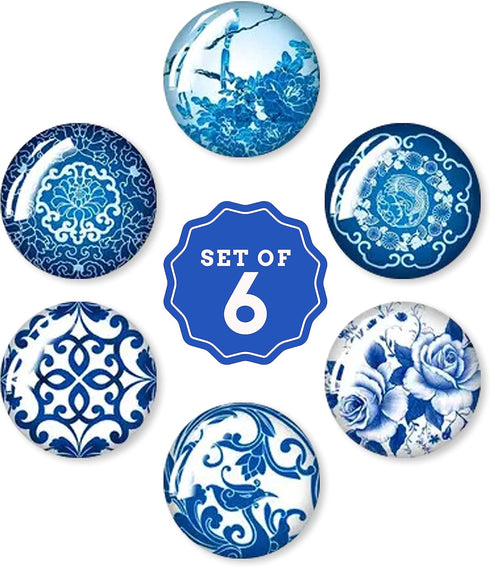 Jolitee Blue and White Chinoiserie Glass Magnets, Strong Kitchen Refrigerator Magnets, Small Decorative Magnets for Whiteboard Cabinets, Cute Frid...