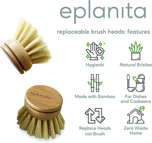 Replacement Brush Heads (Pack of 8) for Bamboo Dish Brush, Sisal Bristle Refills, Agave Cactus Fibres, Kitchen Eco Scrubber, Plastic Free Washing ...