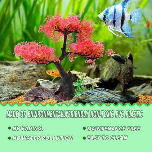 Aquarium Plants Decoration, Plastic Pink Cherry Blossom Tree & Grass Ornament, Tank or Aquarium Decorations, Suitable for Reptile Hermit Crab Liza...