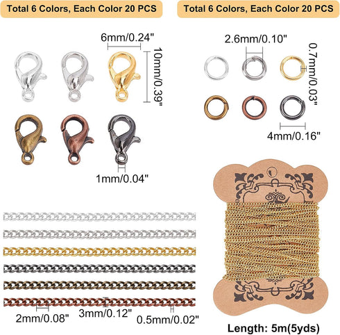 PH PandaHall 6 Color Twisted Chains 5 Yards Iron Twisted Curb Link Cable Chains Necklace with 120pcs Lobster Claw Clasps and 360pcs Jump Rings for...
