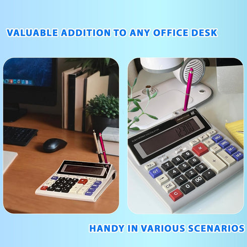 Lily's Home Large Desktop Calculator with Built-in Pen and Pencil Holder. 12-Digit Large Display, Dual Power Battery and Solar - Ideal for School ...