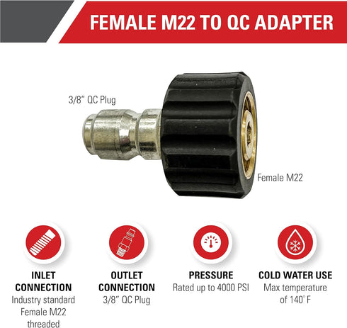 Simpson Cleaning 7101772 Replacement QC Plug Adapter Up to 4000 PSI, Steel, 3/8-Inch, Female M22, Silver...