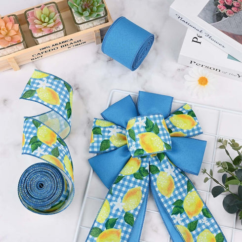 2 Rolls 20 Yards Blue Tile Lemon Wired Edge Ribbon Yellow Summer Fruit Flower Printed Fabric Ribbon for Baby Shower Birthday for Gift Wrapping Wre...