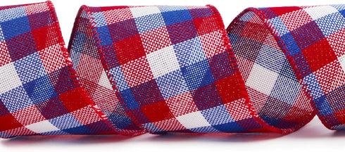 Ribbli Patriotic Red/White/Blue Check Wired Ribbon, 2-1/2 Inch x 10 Yard,4th of July Buffalo Plaid Ribbon,Burlap Ribbon for Big Bow,Wreath,Tree De...
