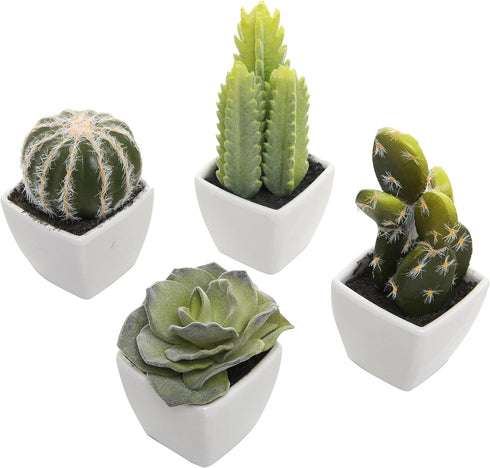 MyGift Set of 4 Assorted Miniature Artificial Succulent & Cactus Plants in White Cube-Shaped Pots...