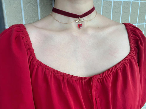 14K Gold Plated Red Heart Cross Velvet Double Choker Necklace for Women Goth 90s Chokers Aesthetic Necklace Gothic Jewelry Bow Kawaii Chocker Acce...