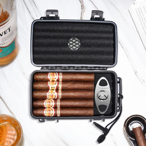 Flauno Travel Cigar Humidor Case - Portable Cigar Box with Humidifier Disc & Cigar Cutter | Waterproof | Airtight | Durable (Holds up to 10 Cigars...
