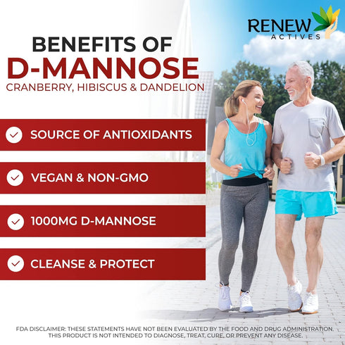 Renew Actives HIGH Potency D-Mannose & Cranberry Complex 1000MG – with Premium Hibiscus, Dandelion Herb Extracts – Antioxidant Support - NO Artifi...