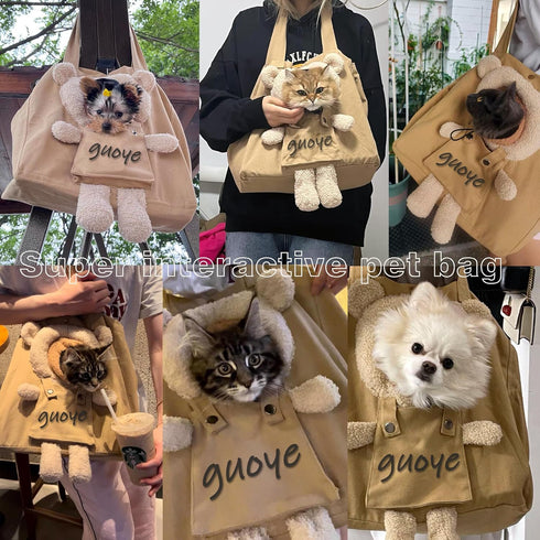 Bear-Shaped Show Head Pet Canvas Shaped Shoulder Bag?Pet Out Bag, Outcrop, Pet Out Shoulder Bag. (Khaki Bear-Large)...