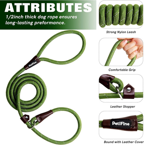 PetiFine Slip Lead Dog Leash,6FT x 1/2" Reflective Durable Dog Training Leash, Heavy Duty Adjustable Nylon Dog Rope Leash Slip Leash for Small Med...