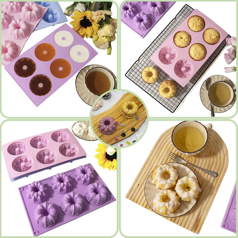 Mini Bundt Cake Pan 3pcs Silicone Fluted Tube Cake Pans, 6Cavity Heritage Bundtlette Cake Silicone Mold for Baking Non Stick Fancy Molds (Purple+B...