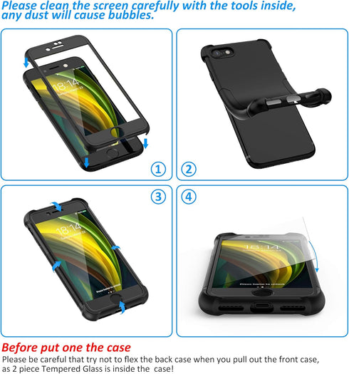 ORETECH Designed for iPhone SE 2020 / SE 2022/7 / 8 Case with 2 x Tempered Glass Screen Protector 360° Fully Protection Hard PC Soft TPU Shockproo...