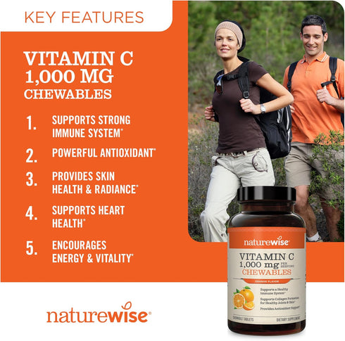 NatureWise Vitamin C 1000mg Chewable Tablet Supplement - Support for Healthy Immune System & Collagen Synthesis - Vegan, Non-GMO, Gluten Free Oran...