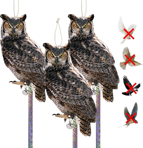 Owls to Keep Birds Away, Bird Scare Devices Cardboard, Owl Bird Scarers, Bird Control, Fake Owls with Reflective Tape, Plastic Owls, 3PCS Hanging ...