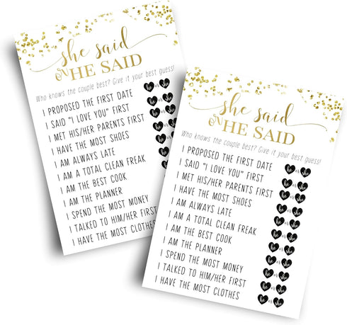 Black and Gold Bridal Shower Games - 25 Cards - He Said She Said Bridal Shower Game, What Did the Bride and Groom Say Guess Who Wedding Activity -...
