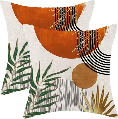 Boho Mid Century Pillow Covers 18x18 Set of 2,Orange Gold Throw Pillowcase Geometric Aesthetic Sunset Outdoor farmhouse Cushion Cover for Sofa Cou...
