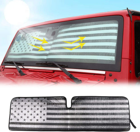 Windshield Flag Sunshade Sun Shade Heat Shield Sun Visor Mat Compatible with Jeep Wrangler Rubicon Sahara TJ JK JKU 2 Door & 4 Door...