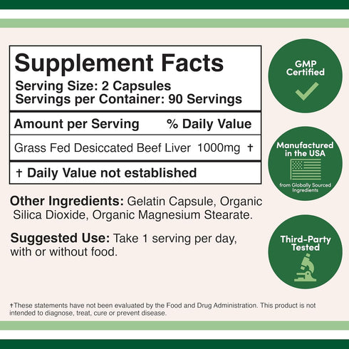 Beef Liver Capsules (1,000mg of Grass Fed, Desiccated Beef Liver per Serving, 180 Capsules, 3 Month Supply) Beef Liver Supplement for Digestion, I...