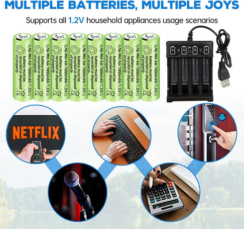 8PCS 1.2V 1800mAh Ni-MH AA Rechargeable Battery with 4 Slot USB Charger for Wireless Microphones, Electric Toys, Remote Mice, Calculators, Razors,...
