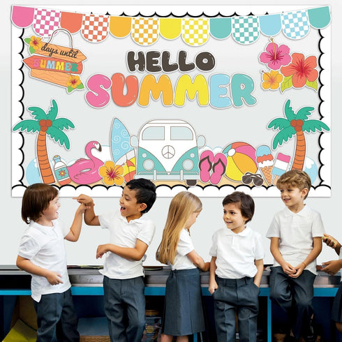 Hello Summer Bulletin Board Decoration Set Summer Theme Bulletin Board Borders Beach Paper Cutouts Summertime Bulletin Boarder for Hello Summer Tr...