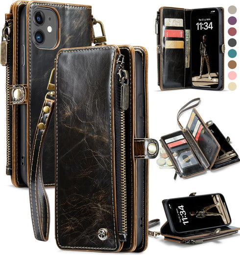 Defencase Compatible with iPhone 11 Case Wallet with RFID Blocking Card Holder for Women and Men, Fashion PU Leather Magnetic Snap Flip Zipper Str...