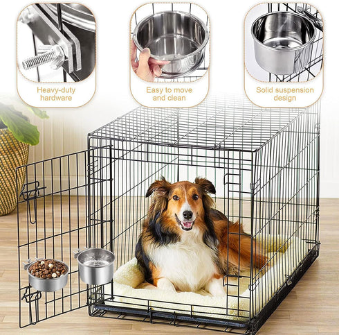 2 Pack Dog Water Bowl Crate No Spill Kennel Hanging Cage Food Bowls for Puppy Cat Bunny Stainless Steel Metal Mountable Small&Medium Feeding Dish ...