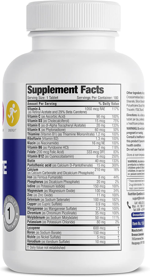 Bronson ONE Daily Men’s Complete Multivitamin Multimineral Once-Daily Multi for Active Men, 180 Tablets...