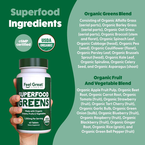 Feel Great Vitamins Super Greens Tablets | Organic Greens, Fruits and Veggies Supplement | Fruit and Veggie Supplement with Kale, Spinach Extract,...