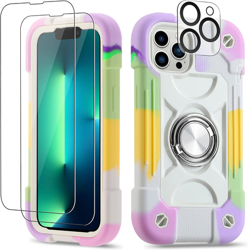 for iPhone 13 Pro Max Case 6.7 Inch with Ring Stand, with 2 Pack Glass Screen Protector + 1 Pack Camera Lens Protector,Heavy-Duty Shockproof Cover...