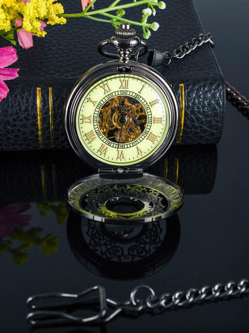 BOSHIYA Vintage Mechanical Pocket Watches for Men Luminous Steampunk Pocket Watch with Chain Black Skeleton Dial Roman Numberals Pocketwatch Gifts...