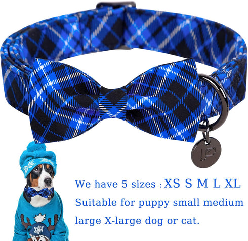 Dog Collar with Bow Tie, Cotton Dog Bowtie Collar for Medium Girl Boy Dog, Holiday Blue Dog Collar with Durable Metal Buckle, Cute Plaid Pet Colla...