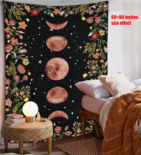 Rexful Moonlit Garden Tapestry, Moon Phase Surrounded by Plants and Flowers Black Wall Hanging Blanket 44×60 inch...