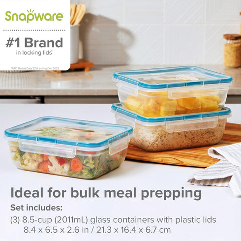 Snapware Total Solution 3-Pack (8.5-Cup) Plastic Food Storage Containers Set, Leakproof & Airtight Locking Lids Rectangular Tupperware, Non-Toxic ...