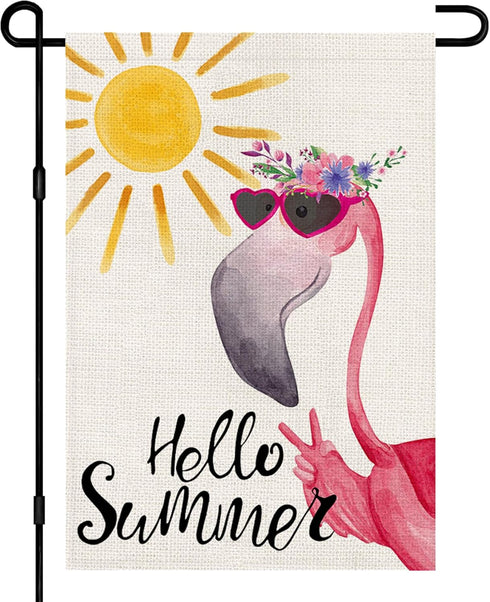Hello Summer Flamingo Small Garden Flag Burlap Vertical Double Sided 12x18 Inch, Farmhouse Holiday Floral Beach Yard Outdoor Decor DF490...