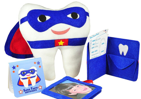 Tickle & Main 3-Piece Superhero Tooth Fairy Pillow for Boys & Girls Ages 5-10 with Pocket, Notepad & Photo Keepsake Pouch Kit...