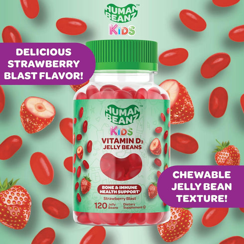 Vitamin D3 Jelly Bean Gummies for Kids, 25mcg/1000 IU Vitamin D, Nutritional Vegetarian Supplements, 120 Strawberry Blast Jelly Beans, Kosher...