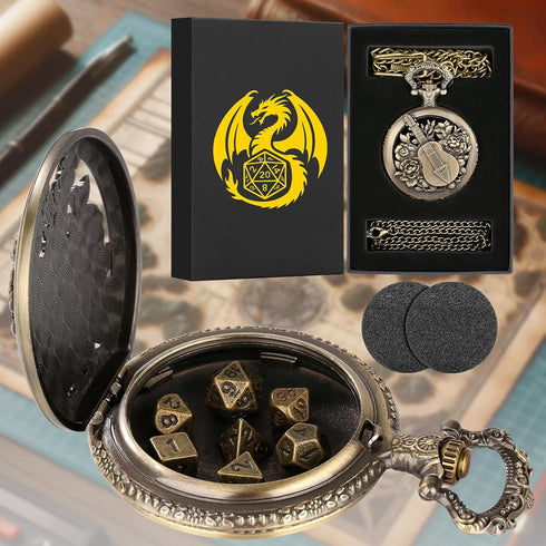 Mini DND Dice Set Steampunk Hollow Bard Pocket Watch Shell Case, 7pcs Tiny Polyhedral Metal D&D Dice Set, Dungeons and Dragons Gifts with Gift Box...