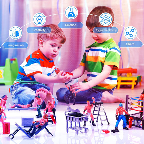 Skylety 32 Pcs Wrestling Toys Wrestler Warriors Toys with 12 Mini Wrestlers Action Figures Wrestling Figures Toys, 20 Realistic Accessories Realis...