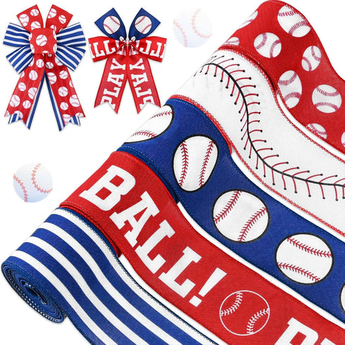 5Rolls Baseball Wired Edge Ribbon 2.5 Inch Red Blue White Sports Ball Pattern Fabric Ribbon for Wreath Bow Making for Sport Themed Birthday Party ...