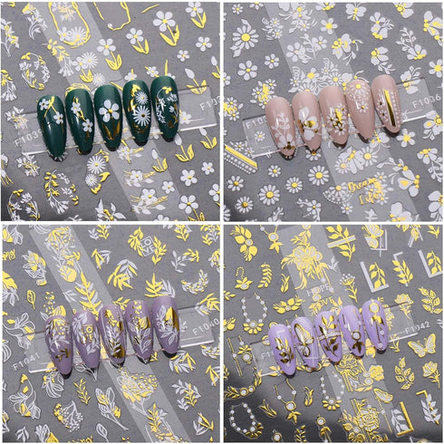 8 Sheets Gold Nail Stickers Flower Nail Decals 3D Self Adhesive Leaf Nail Art Stickers Spring Nail Designs Nail Art Supplies for Women Nail Manicu...