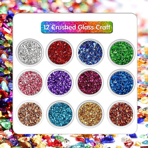12 Box Crushed Glass Craft Glitter Fine for Resin Art, Small Broken Glass Pieces Irregular Metallic Crystal Chips Chunky Flakes Sequins for Nail A...