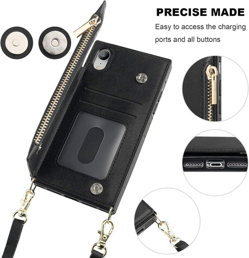 Bocasal Crossbody Wallet Case for iPhone Xr with Card Holder,Zipper Card Slot Protector Shockproof Purse Cover with Removable Cross Body Strap 6.1...